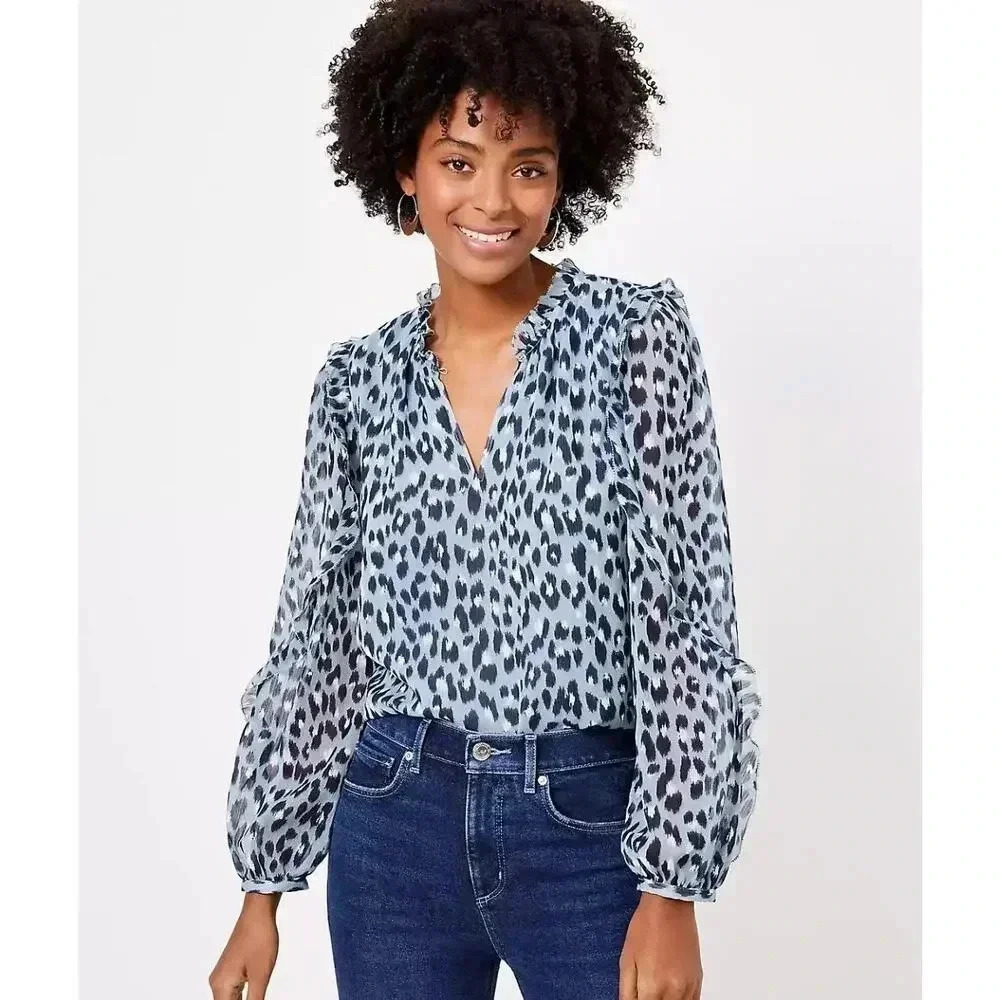 LOFT Blue and Black Leopard Print Long-Sleeve Blouse